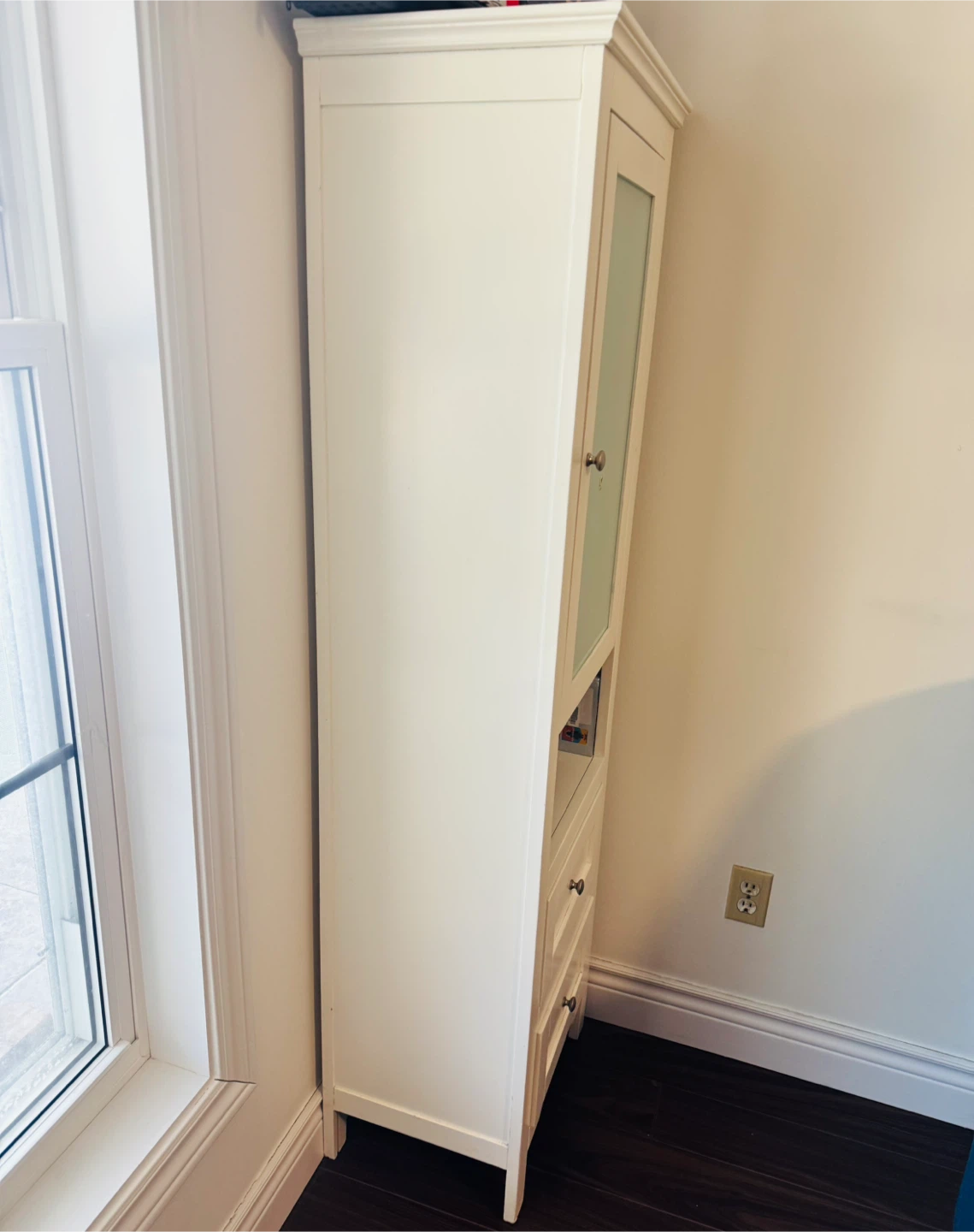 White Bathroom Storage Tower with Glass Door and Drawers - photo 2
