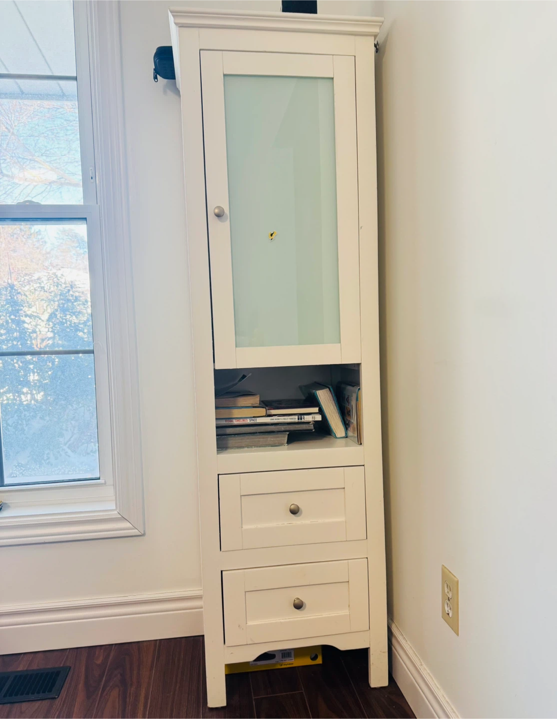 White Bathroom Storage Tower with Glass Door and Drawers