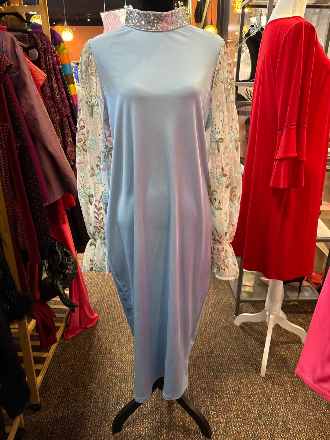 Light Blue Dress with Sequin Collar and Embroidered Sleeves - photo 4