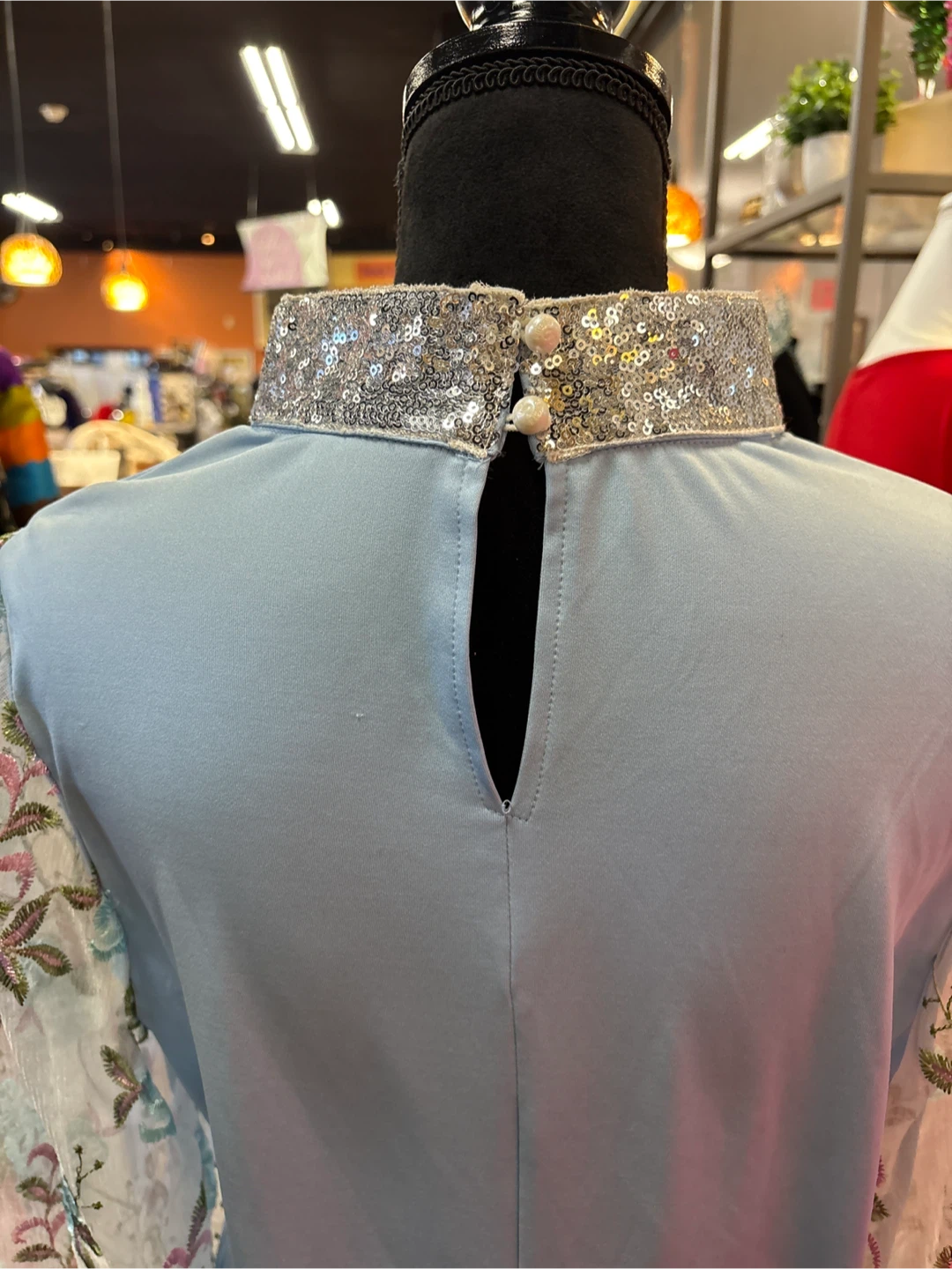 Light Blue Dress with Sequin Collar and Embroidered Sleeves