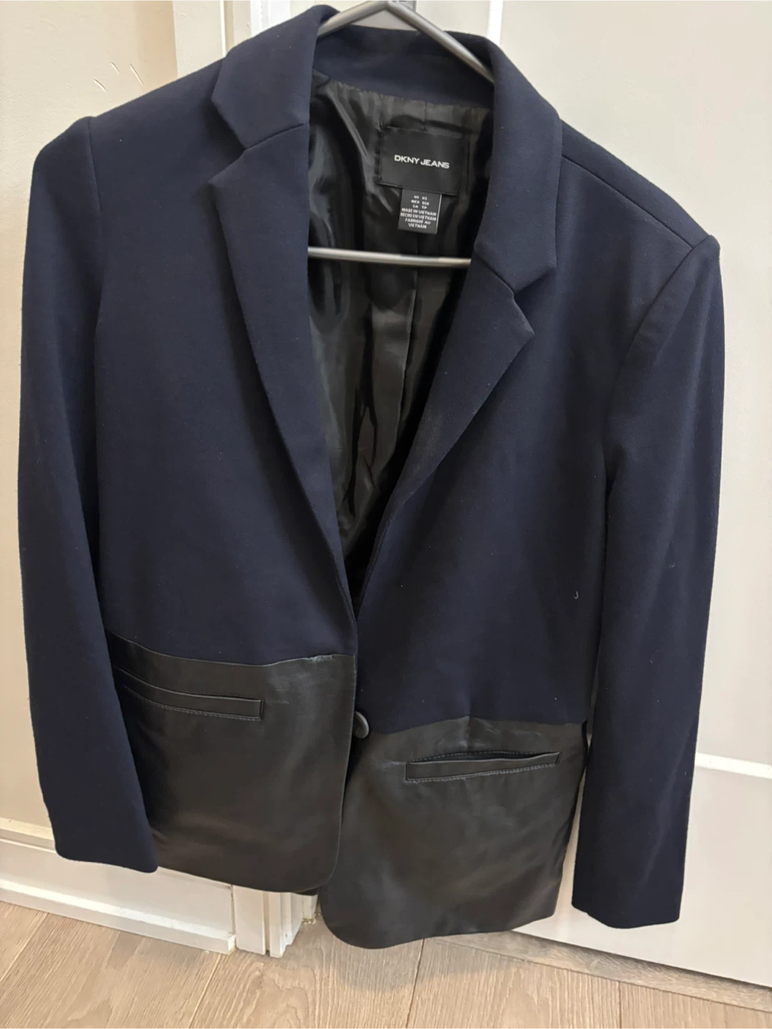DKNY Jeans Navy Blazer with Faux Leather Trim