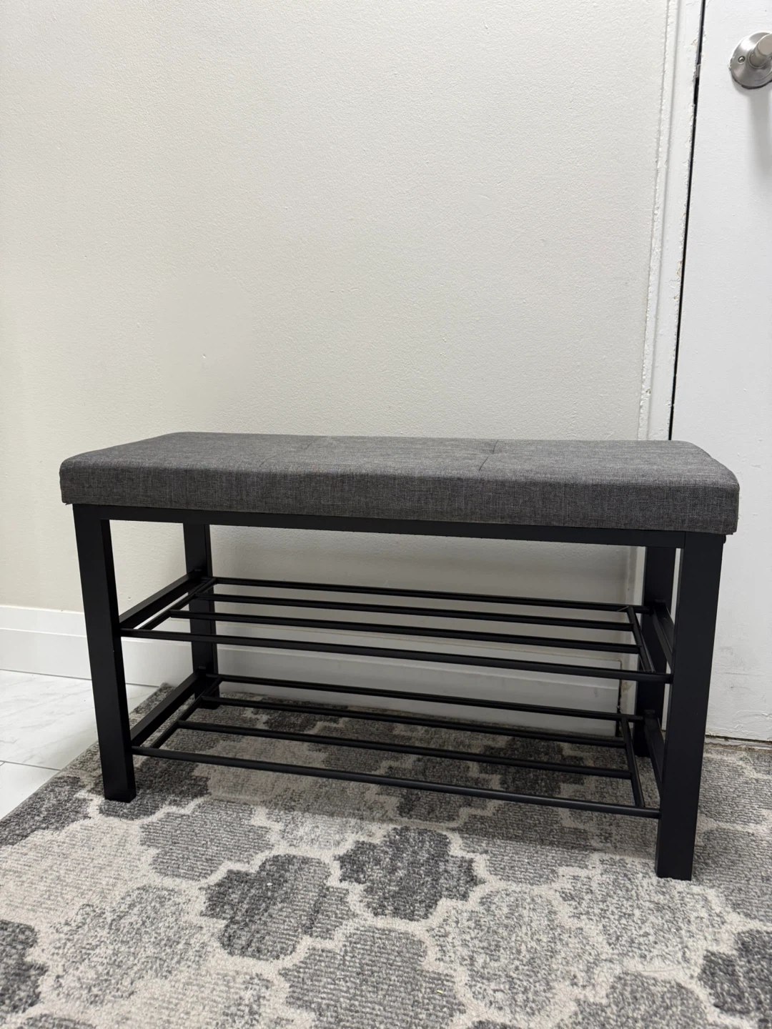 Grey Upholstered Bench with Shoe Rack