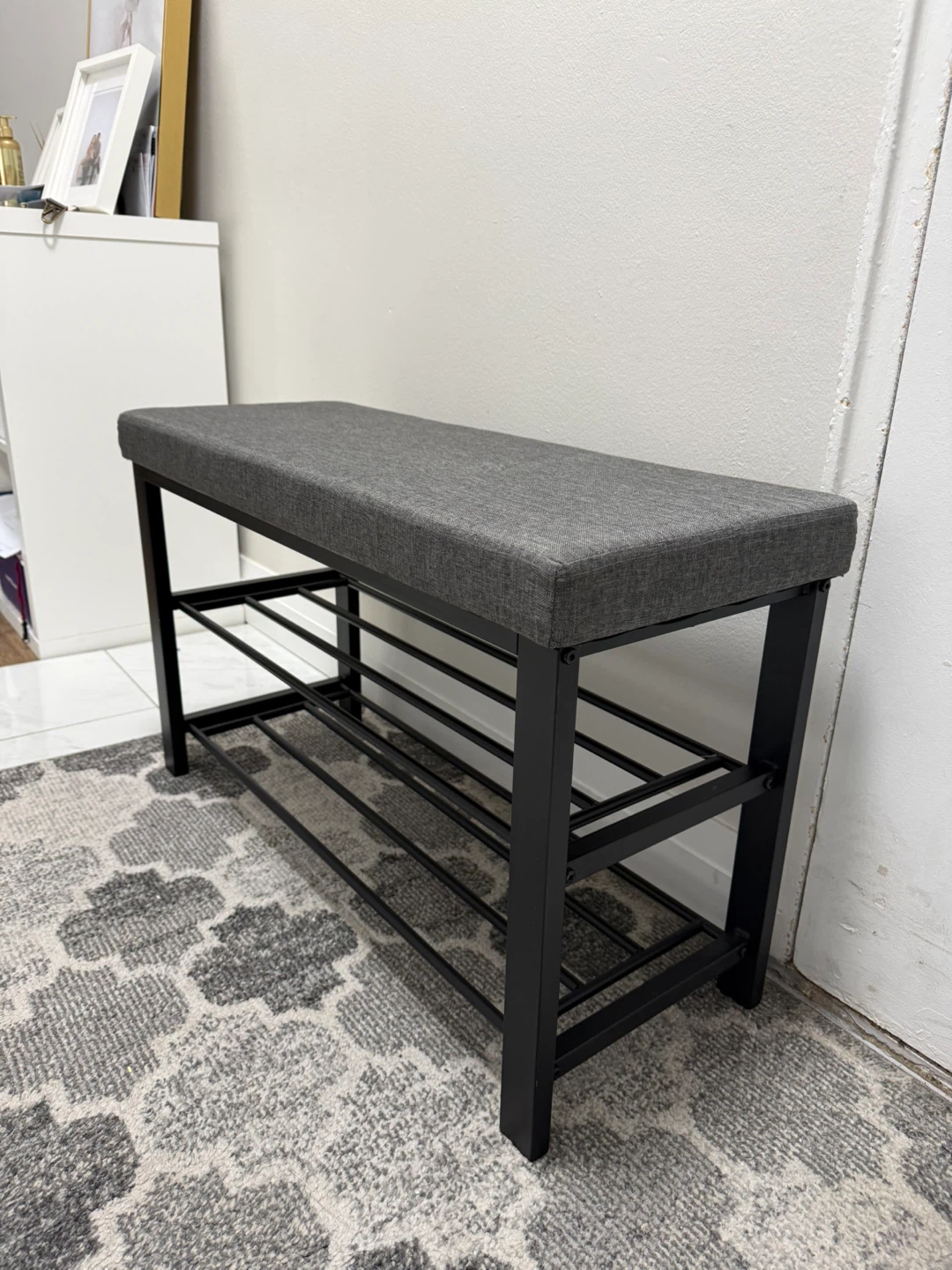 Grey Upholstered Bench with Shoe Rack - photo 3