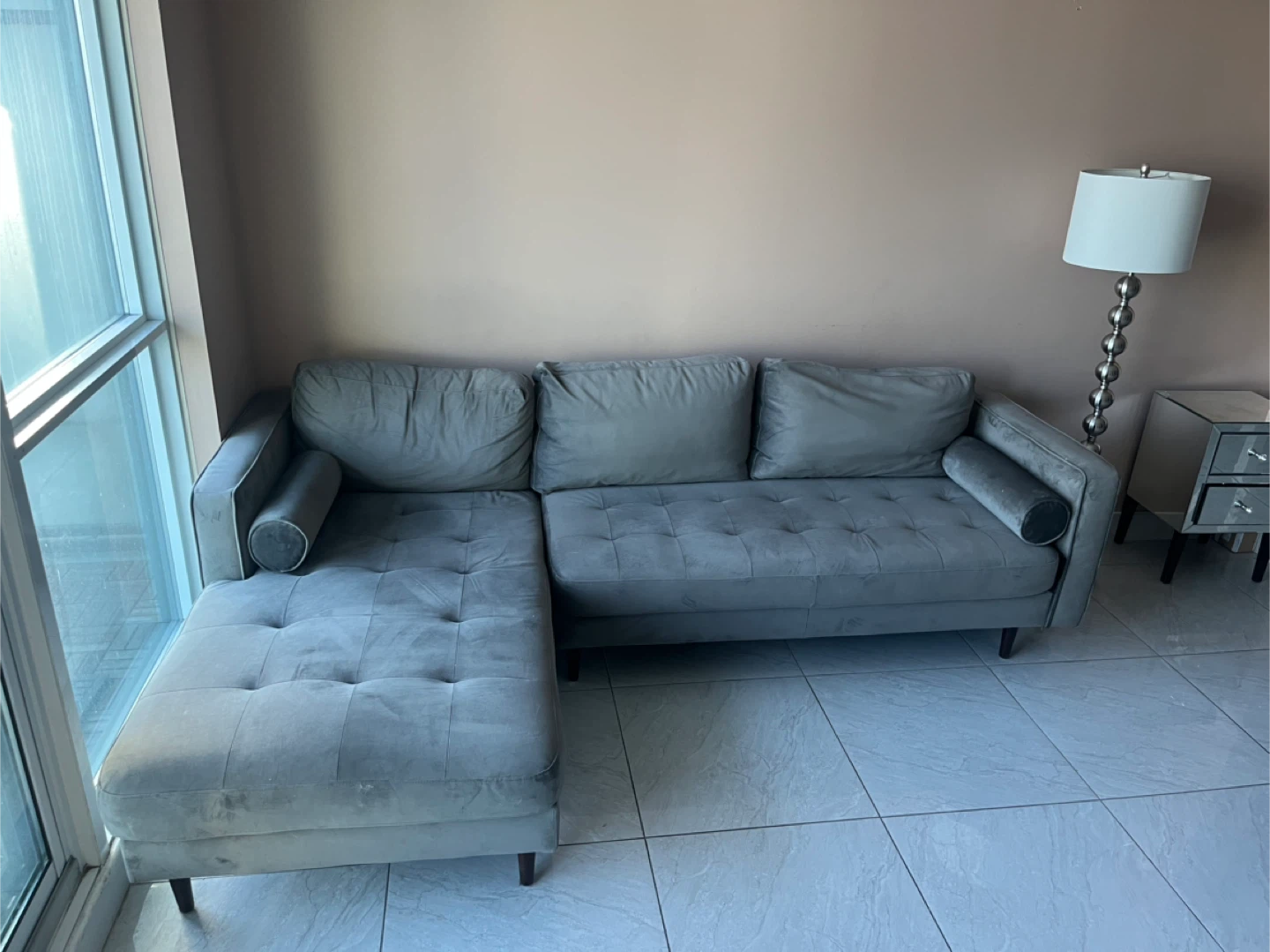 Structube Grey Velvet Sectional Sofa with Chaise **MOVING SALE** - photo 2