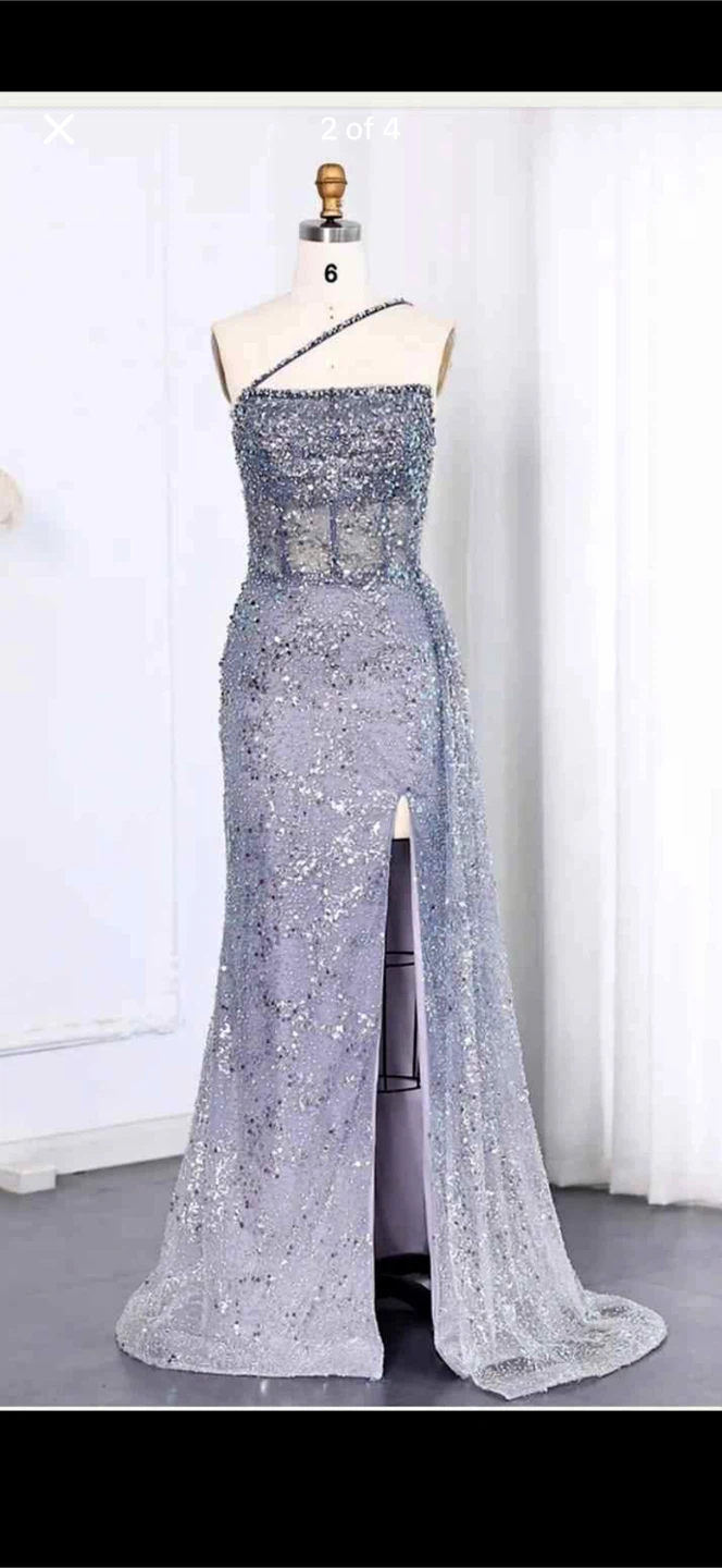 Sparkly One-Shoulder Prom Dress with Thigh-High Slit