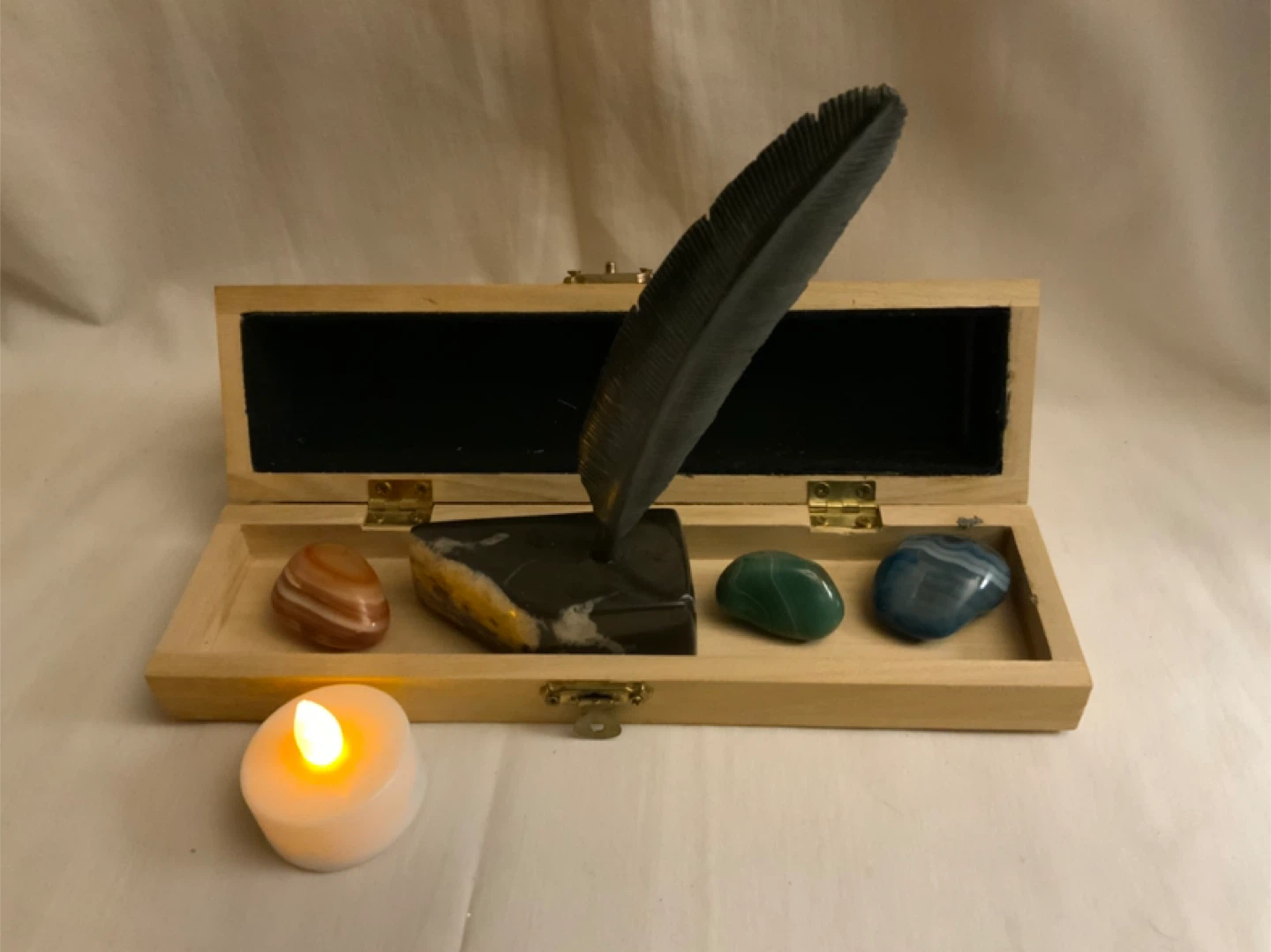 Feather Pen Set with Stones and Wooden Box