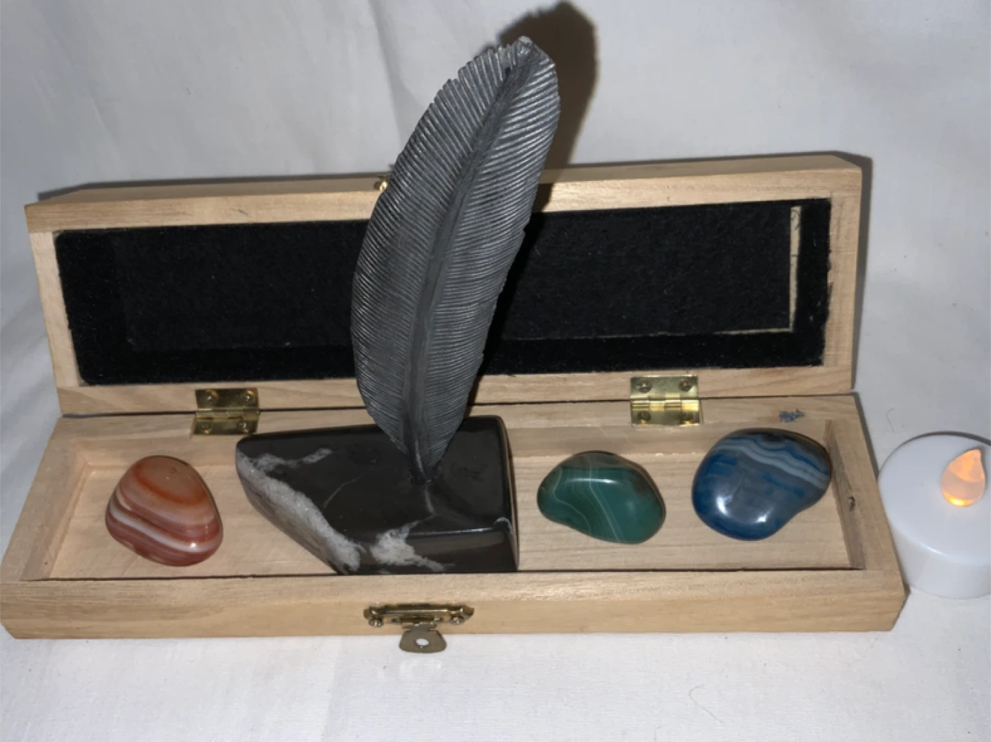 Feather Pen Set with Stones and Wooden Box - photo 2