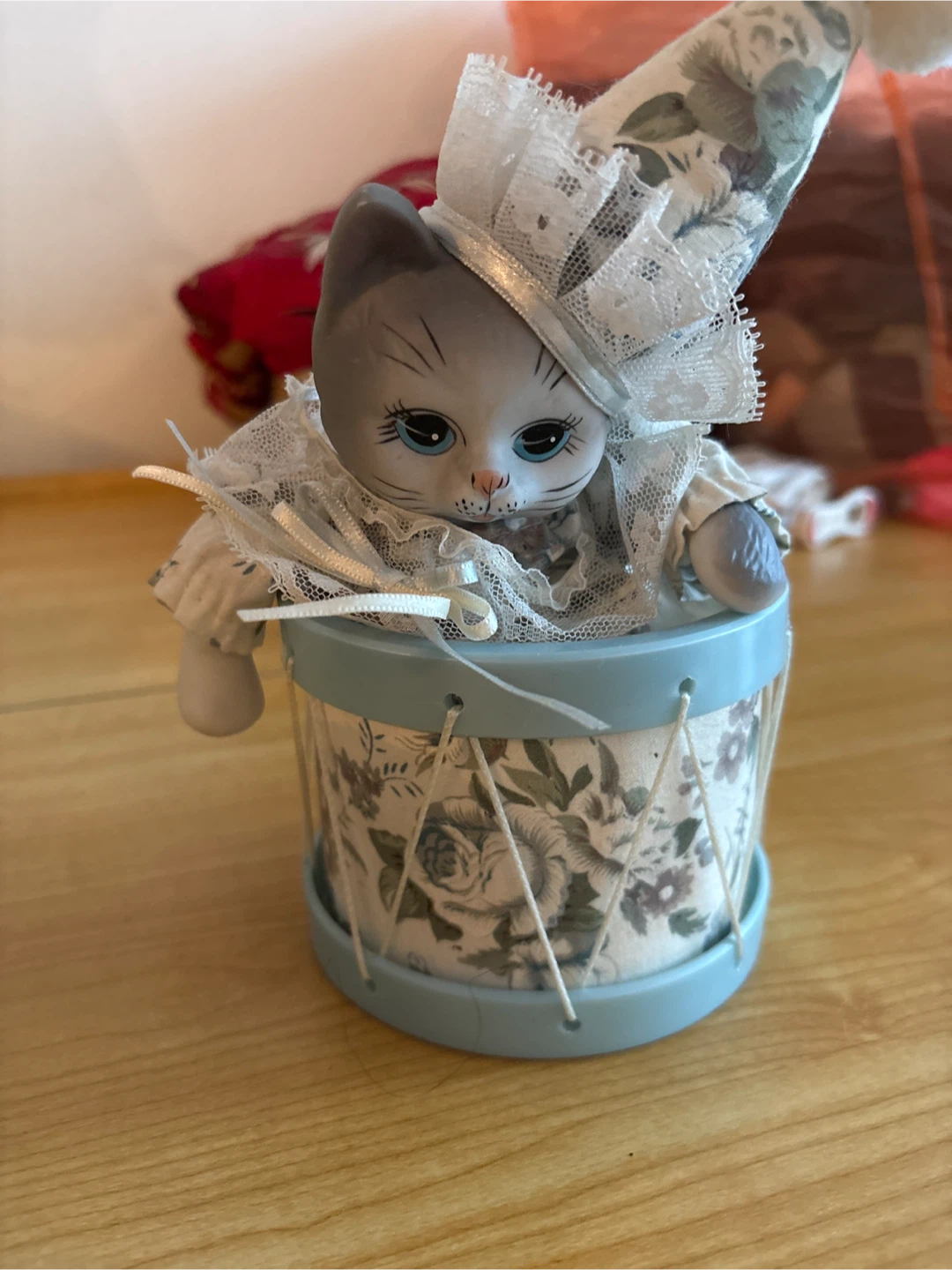 Vintage Musical Cat in Drum Figurine