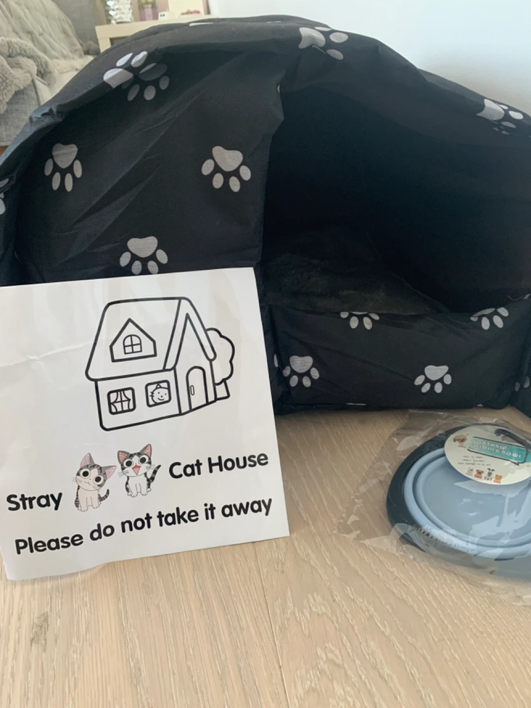 New- black Cat House with Paw Print Design