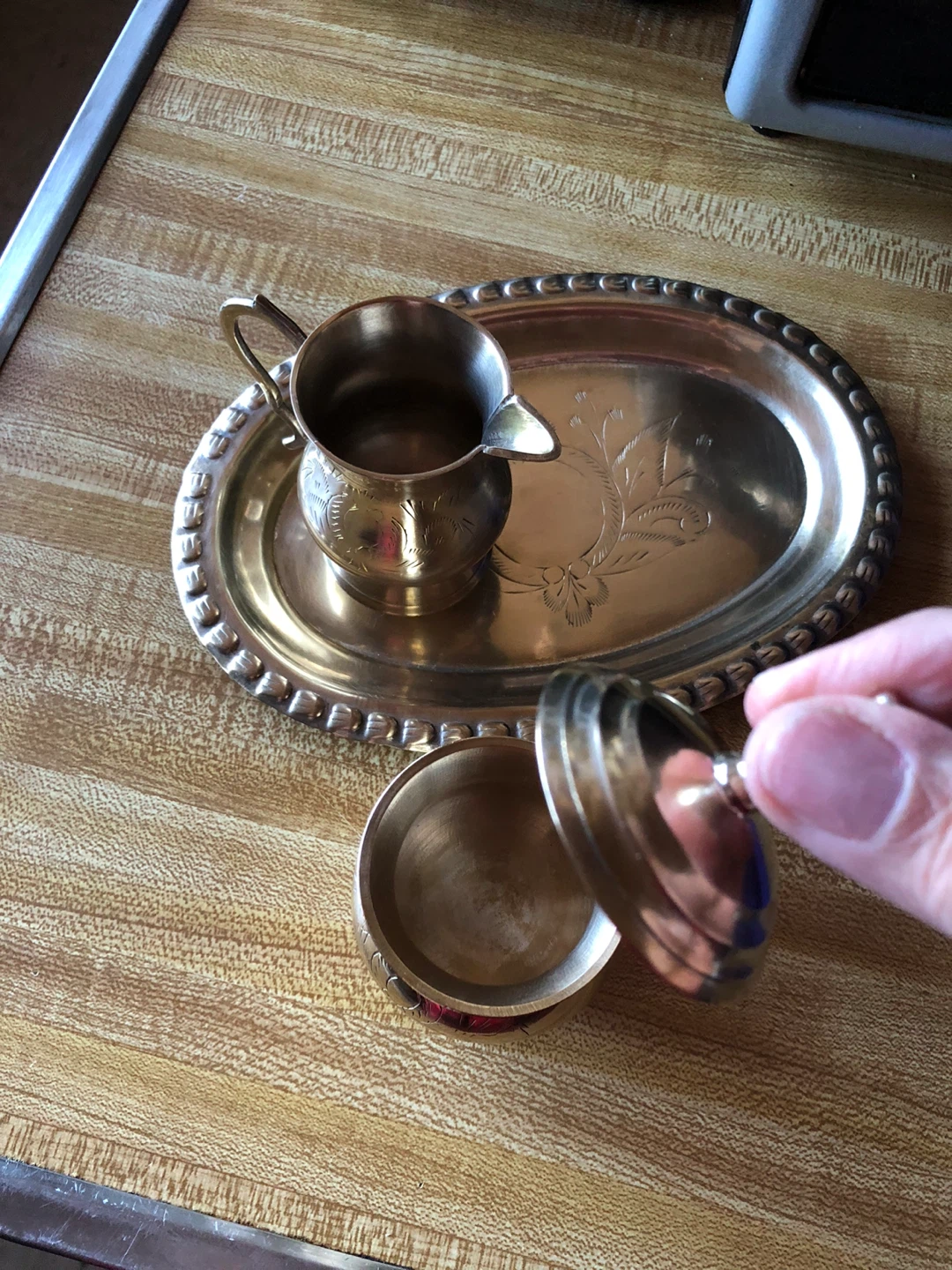 🏆Vintage Brass Sugar Bowl & Creamer Set with Tray - photo 5