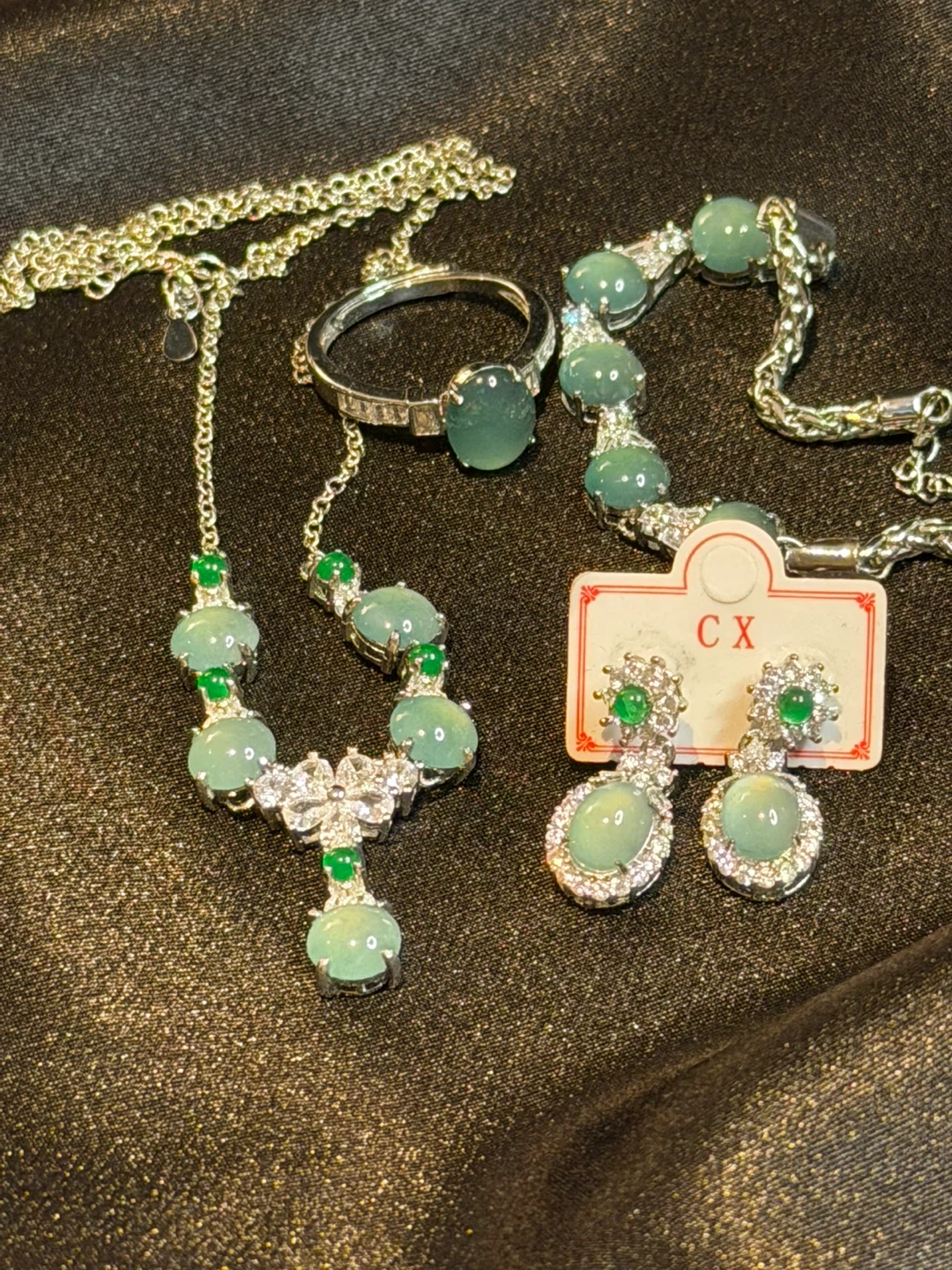 Grad A Jade Necklace, Bracelet, Ring, and Earrings Set