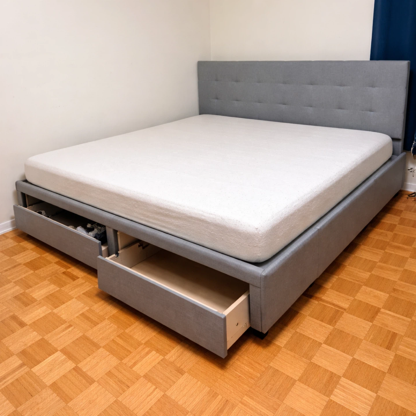 Grey Upholstered Bed Frame with Storage Drawers