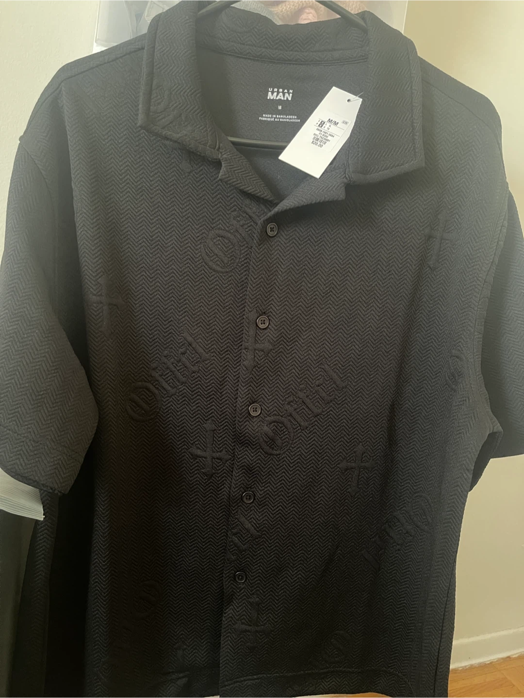 URBAN MAN Black Textured Short Sleeve Button-Up Shirt Size M