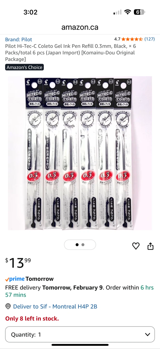 Pilot Hi-Tec-C Gel Ink Pen Refill 0.3mm Black 6 Pack - photo 2
