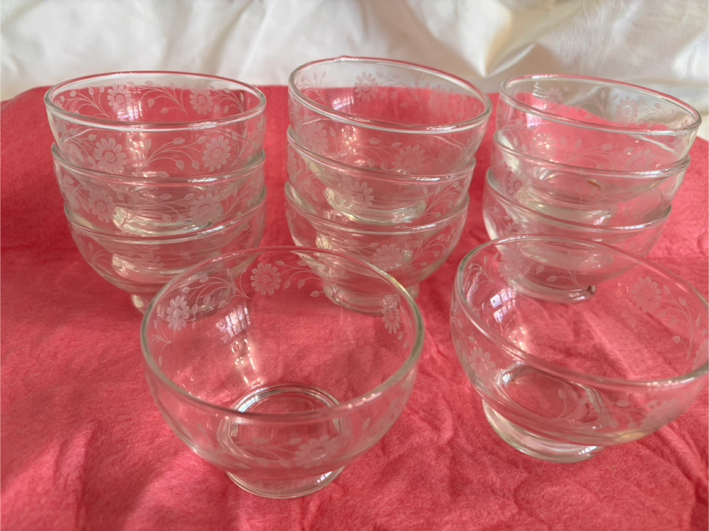 Set of 11 Vintage Glass Dessert Bowls – Floral Etched Design