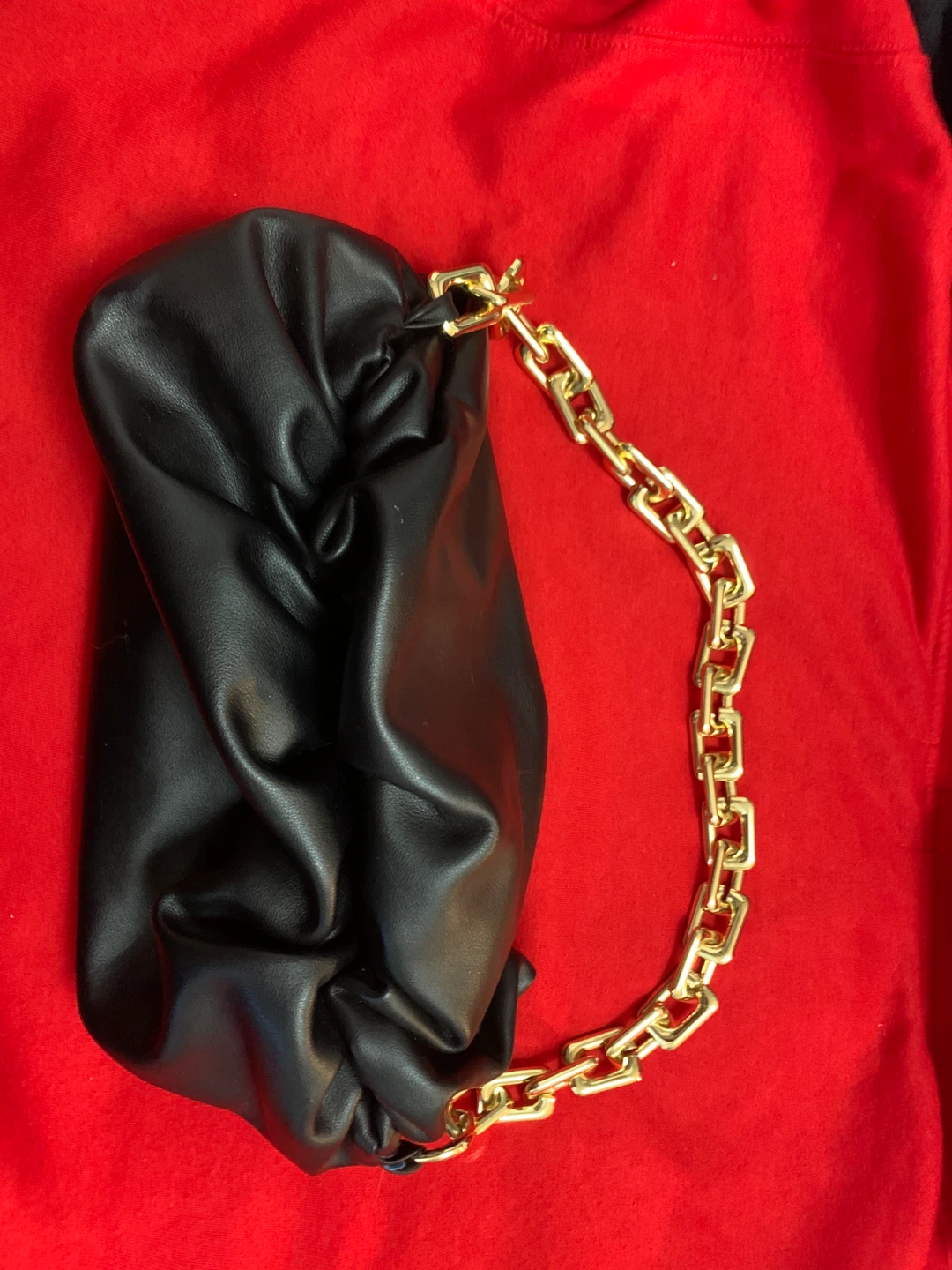 Black Ruched Clutch with Gold Chain