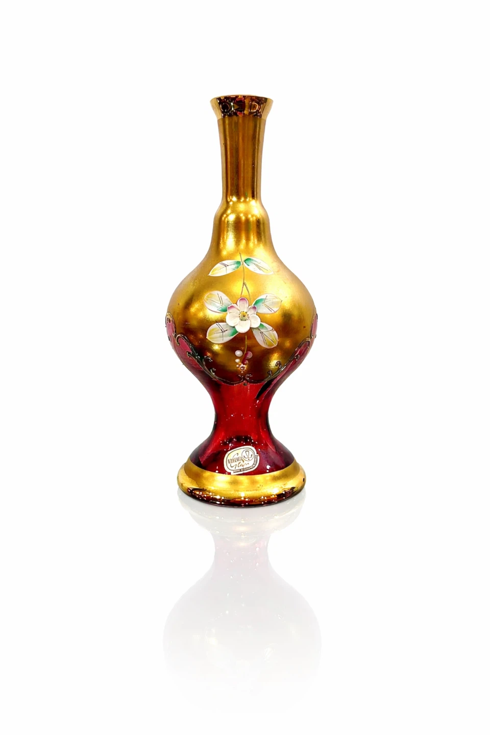 Bohemian Glass Gilt & Ruby Overlay Vase, Czechoslovakia
