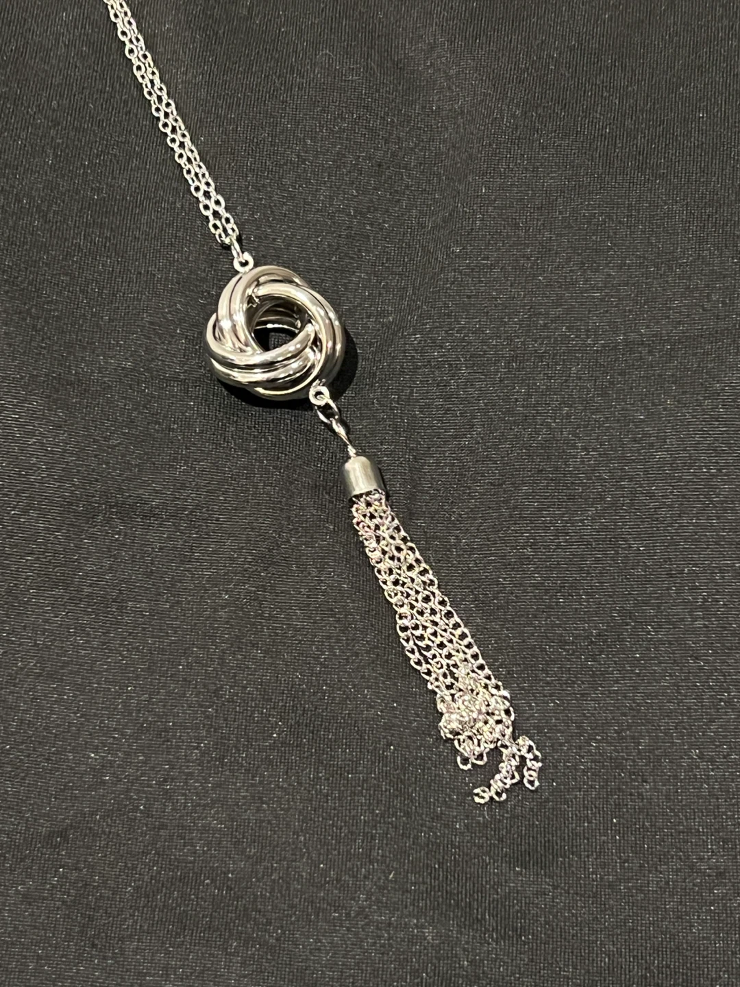 Silver Tone long Necklace with Knot and Tassel Pendant