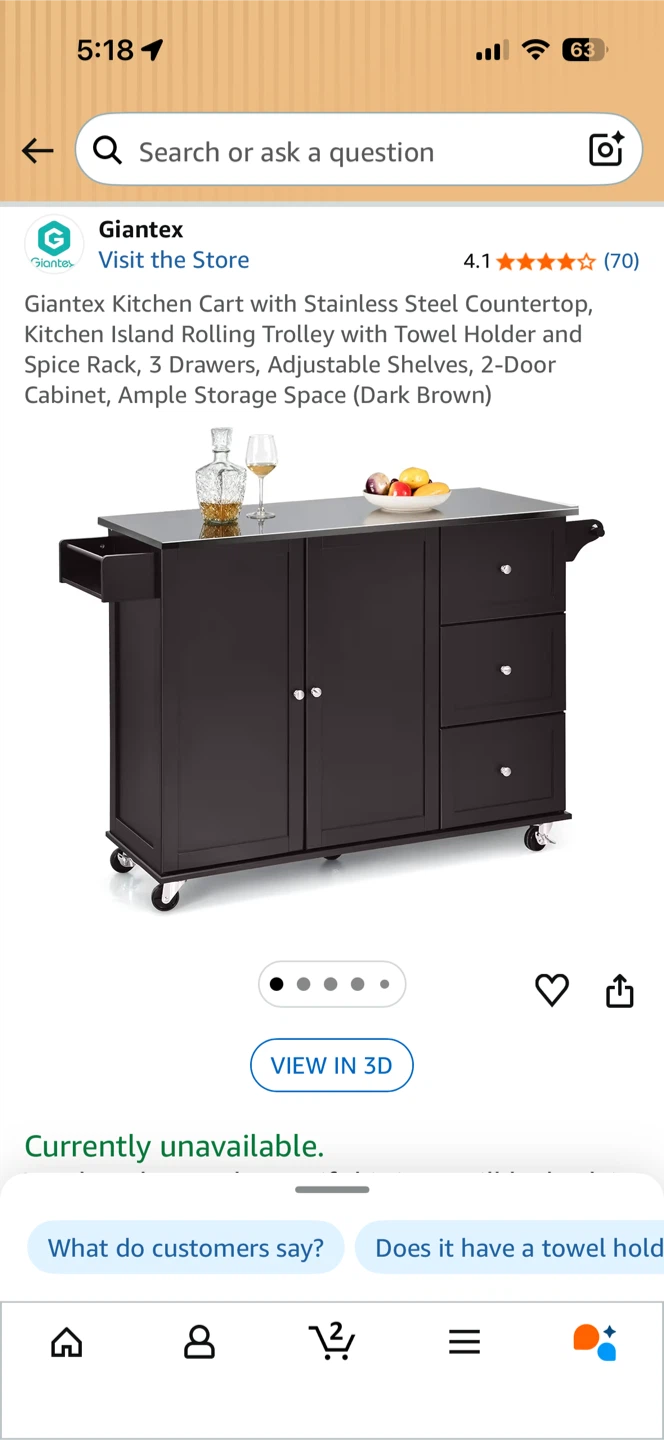 Kitchen Cart with Stainless Steel Countertop