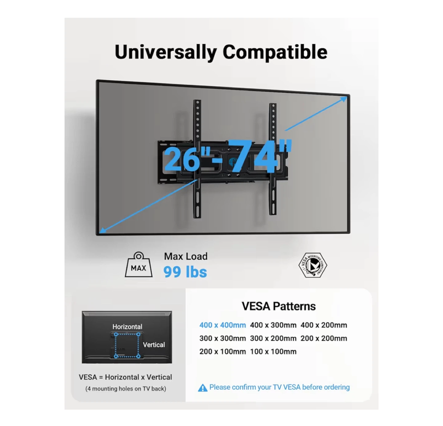 Pipishell Full Motion TV Wall Mount for 26-74 inch TVs
