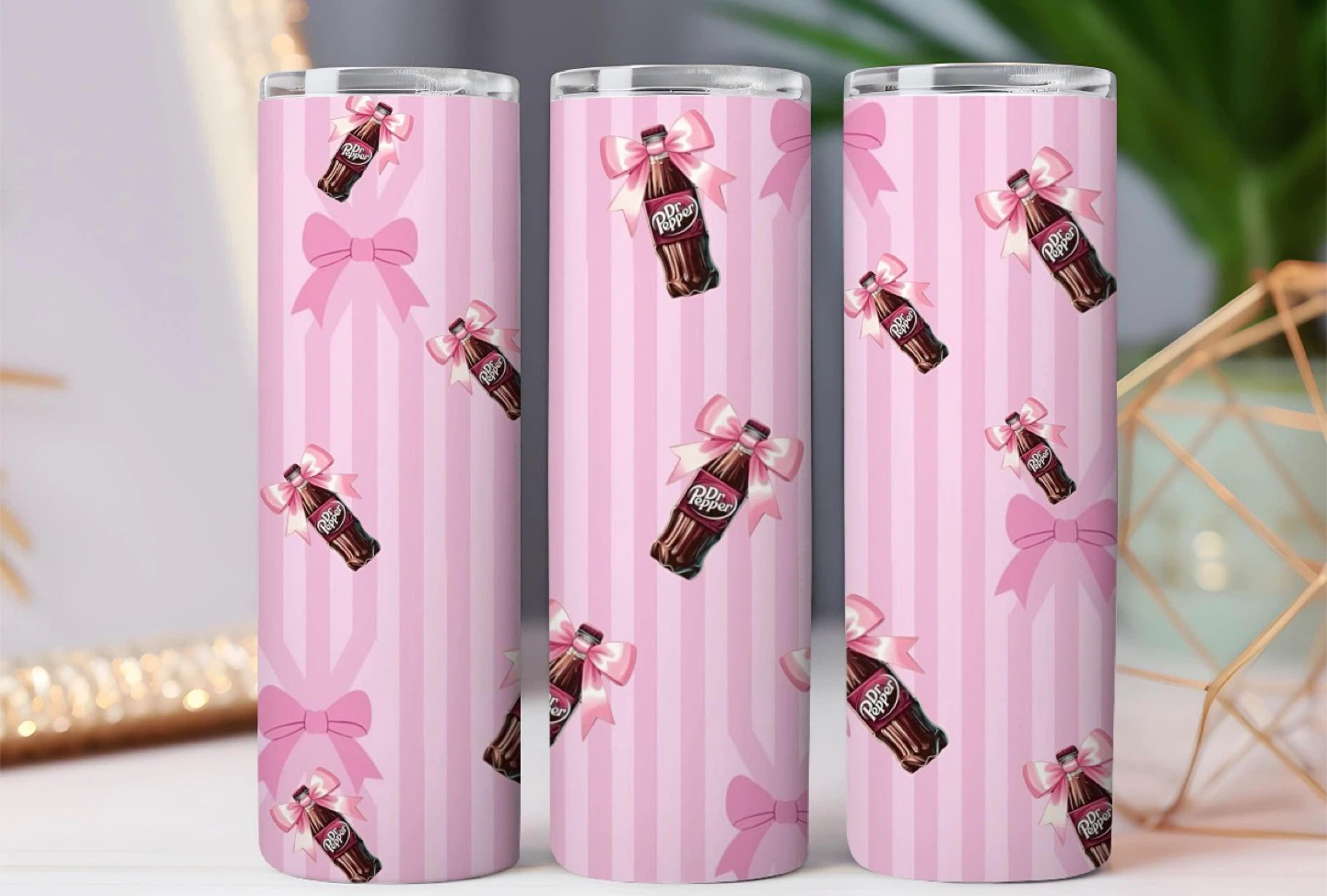 Dr Pepper Pink Striped Tumbler with Bows