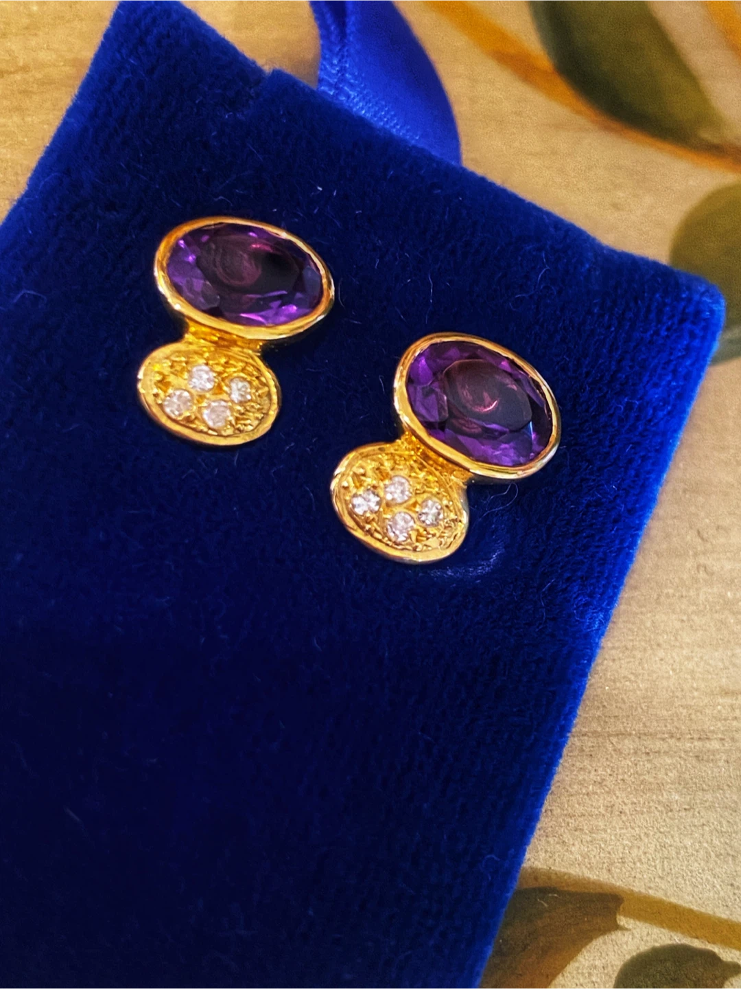 💜Estate Vintage 18k Gold Amethyst Diamond Earrings