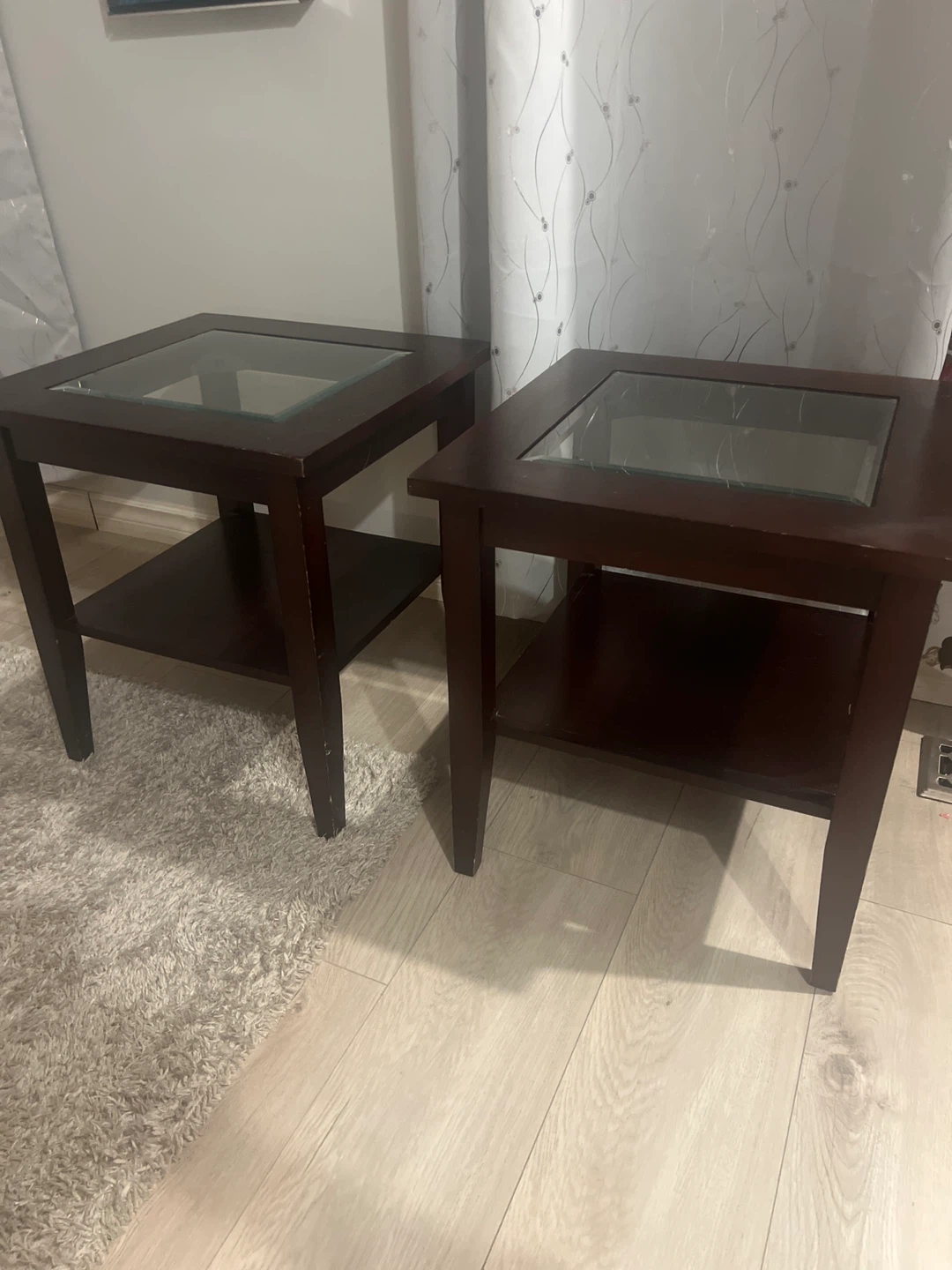 Set of 2 Dark Wood Side Tables with Glass Tops