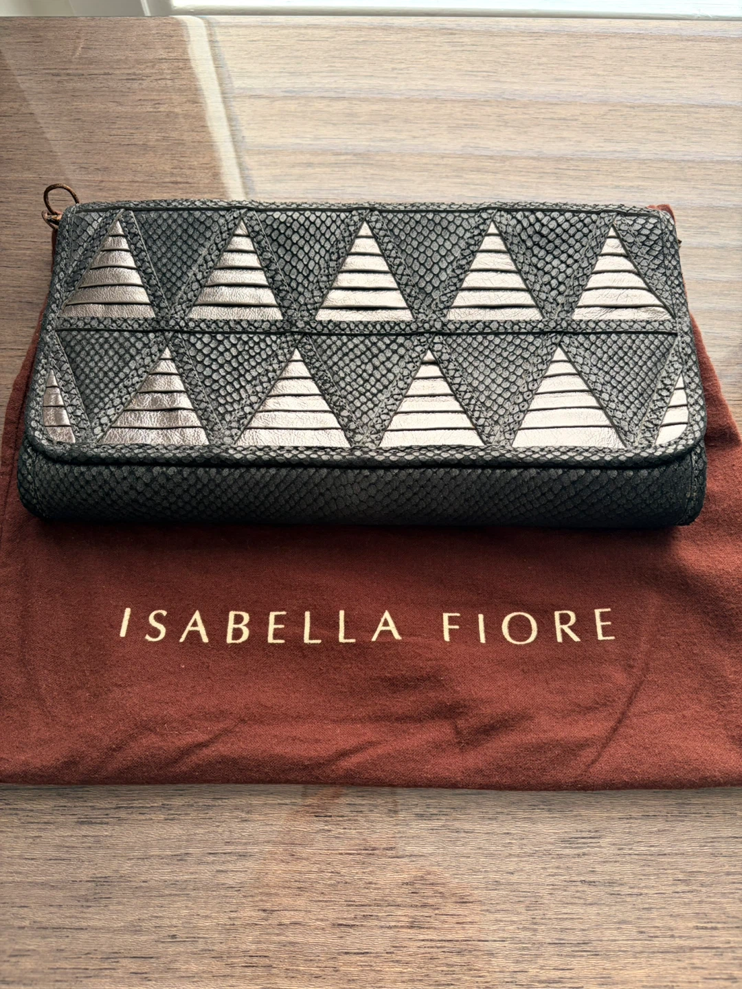 Isabella Fiore Black and Silver Geometric Clutch Purse