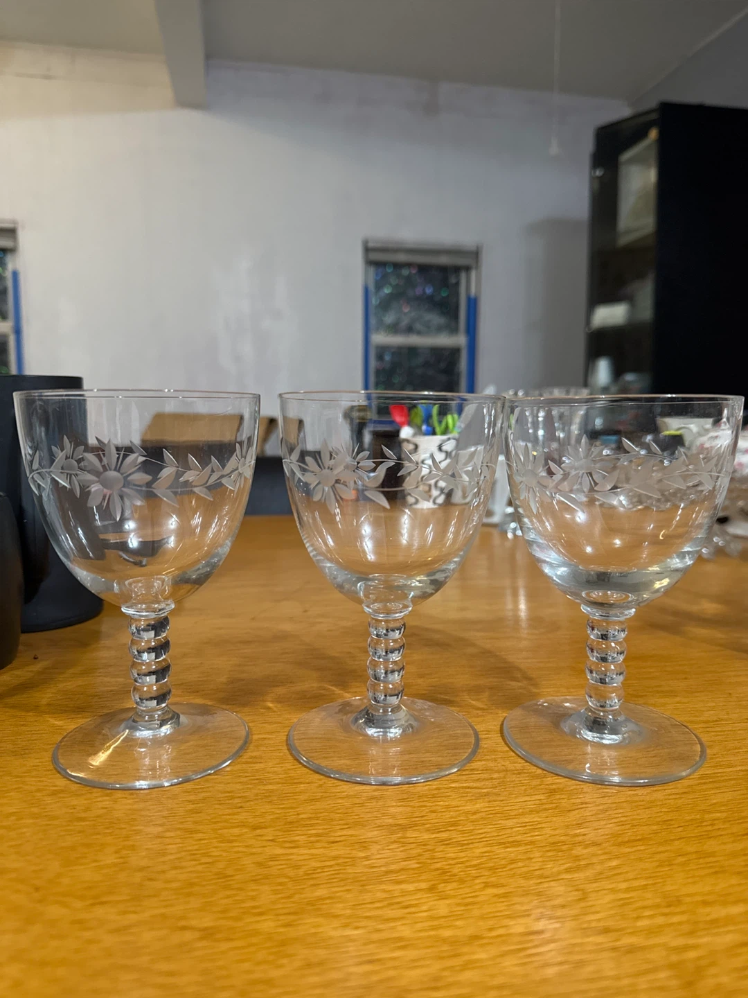 Set of 3 Etched Glass Stemmed Glasses