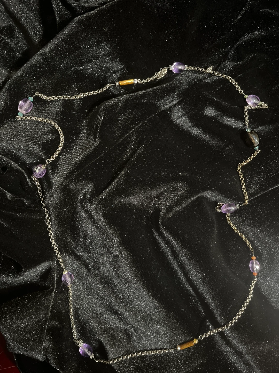 Silver Tone Necklace with Purple and Teal Beads 🏆
