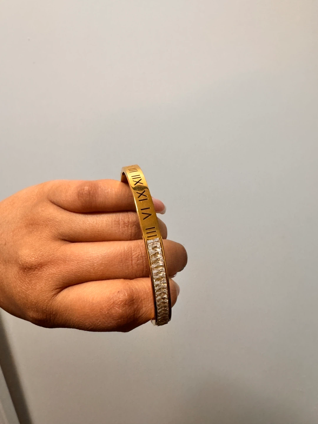 Gold Tone Roman Numeral & Crystal Bangle Bracelet