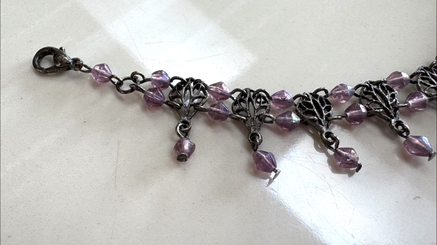 Victorian Purple Beaded Chain Bracelet with Leaf Design - photo 4