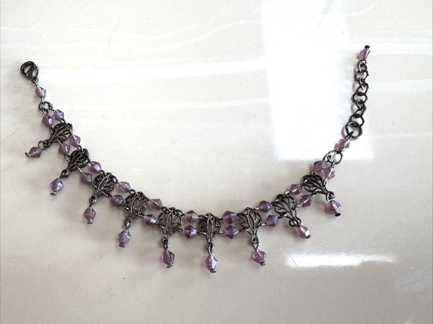 Victorian Purple Beaded Chain Bracelet with Leaf Design
