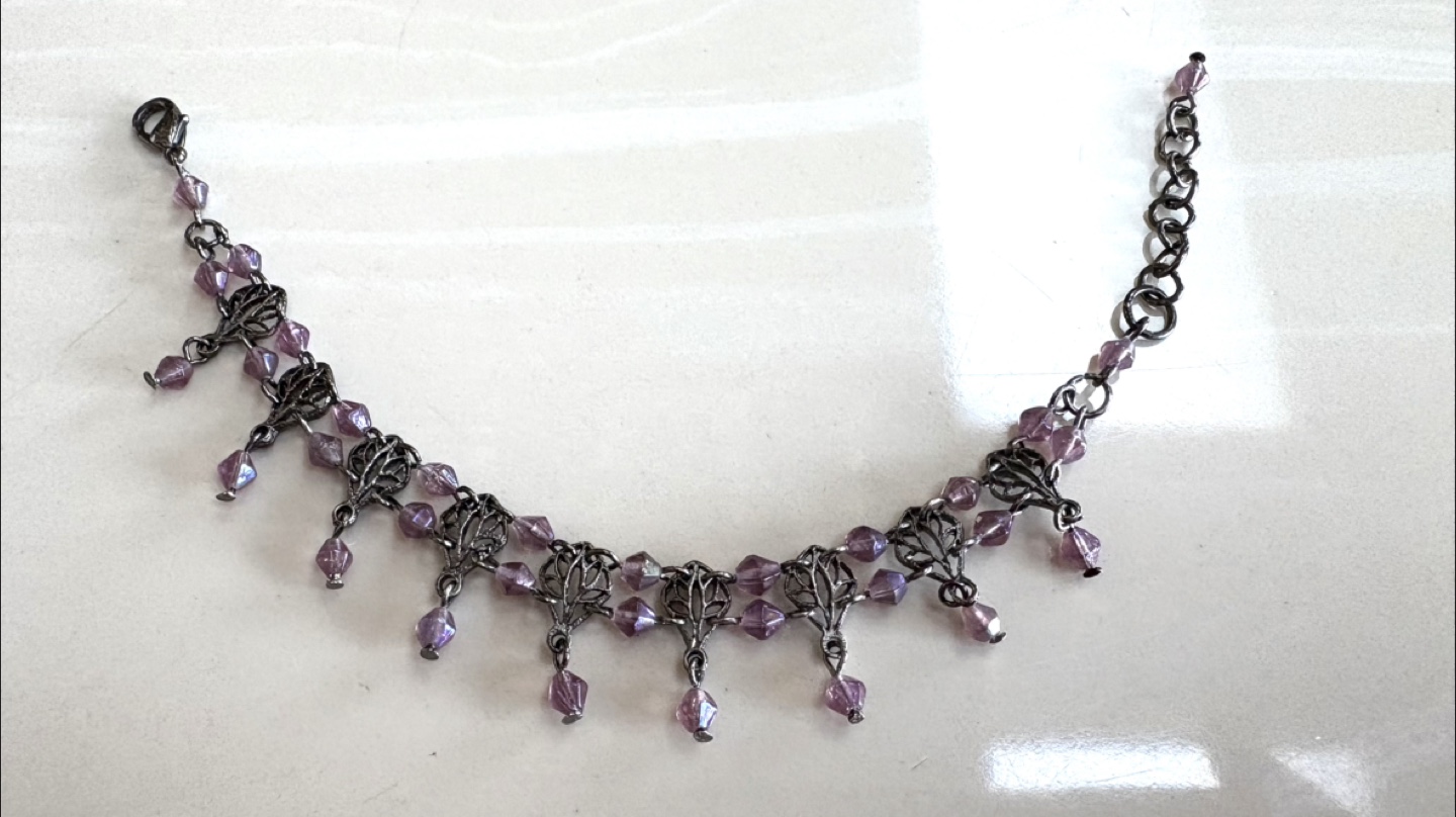 Victorian Purple Beaded Chain Bracelet with Leaf Design - photo 2