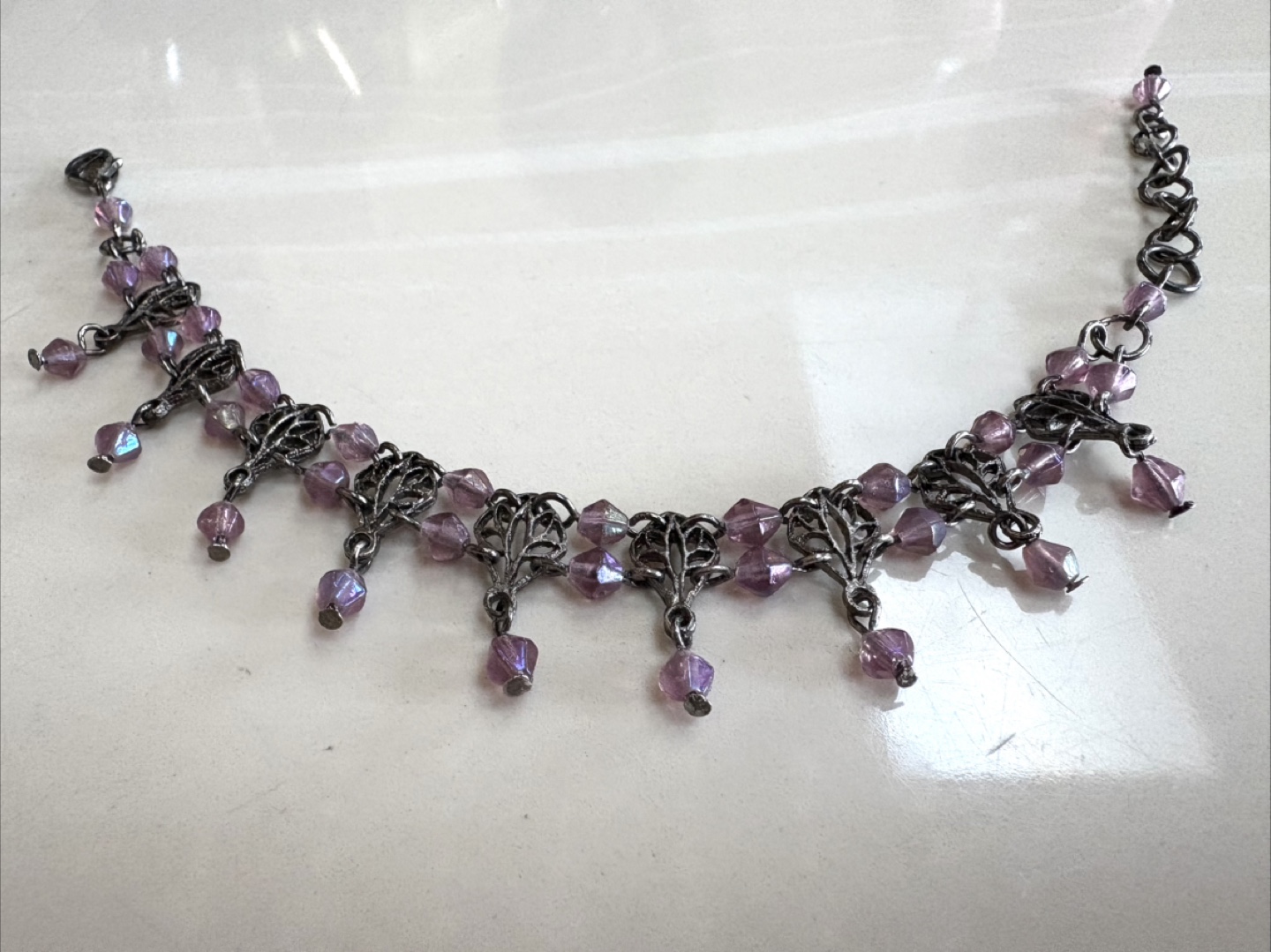 Victorian Purple Beaded Chain Bracelet with Leaf Design - photo 3
