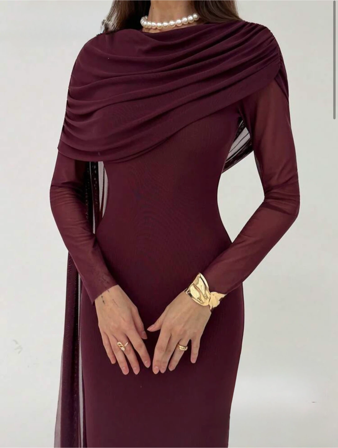 Burgundy Sheer Sleeve Draped Dress
