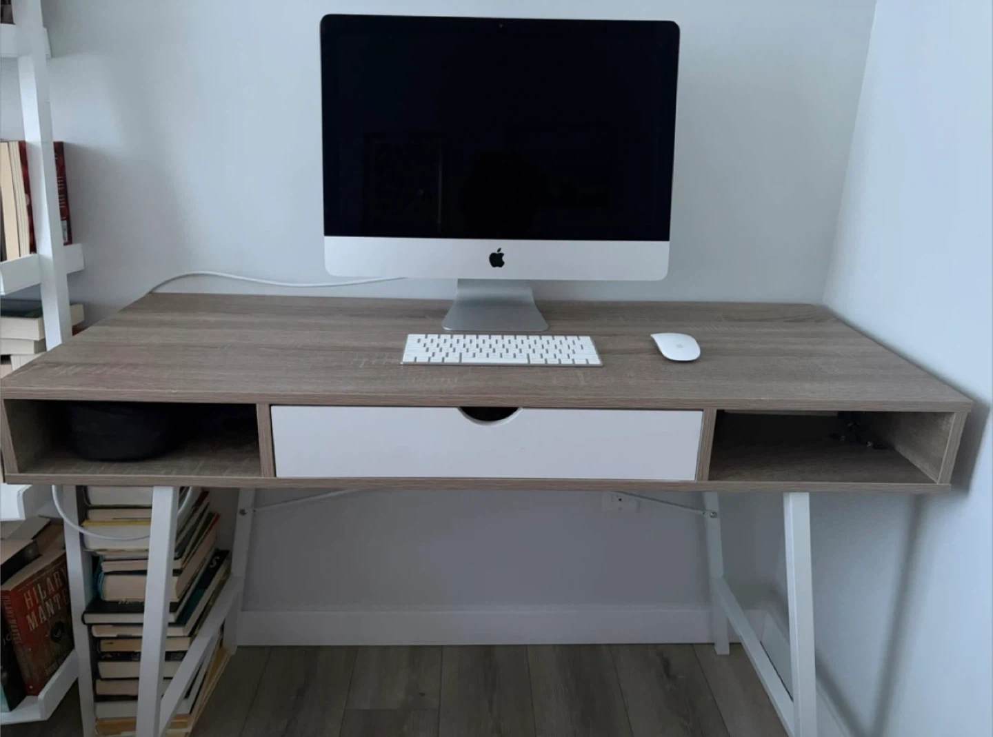 Modern Wood Grain Desk with Drawer and Open Shelves