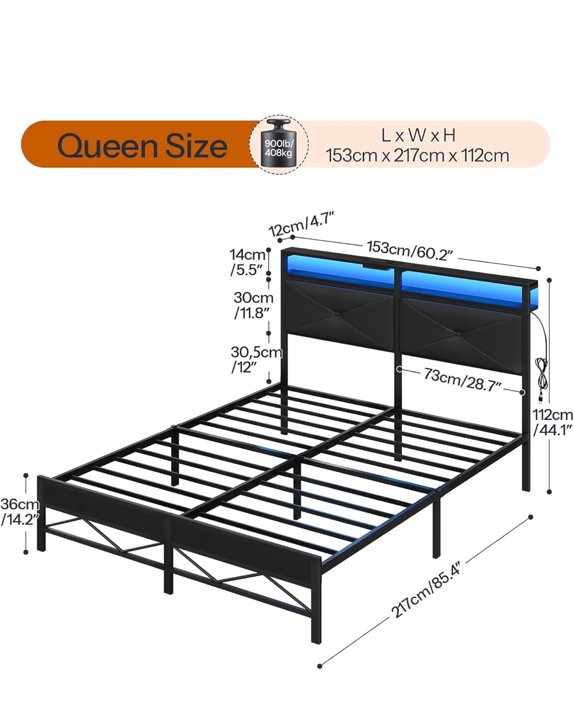 Queen Size Bed Frame with Built-in Lights and Charging