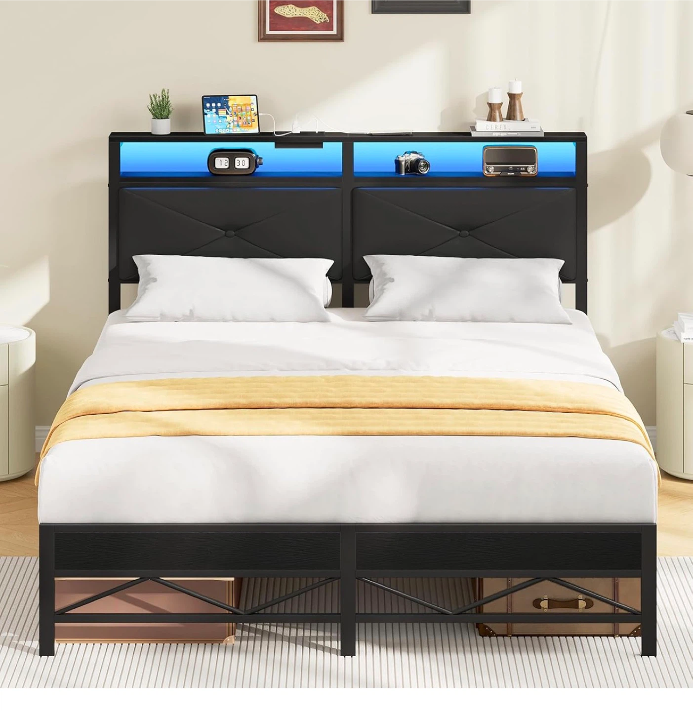 Queen Size Bed Frame with Built-in Lights and Charging - photo 2