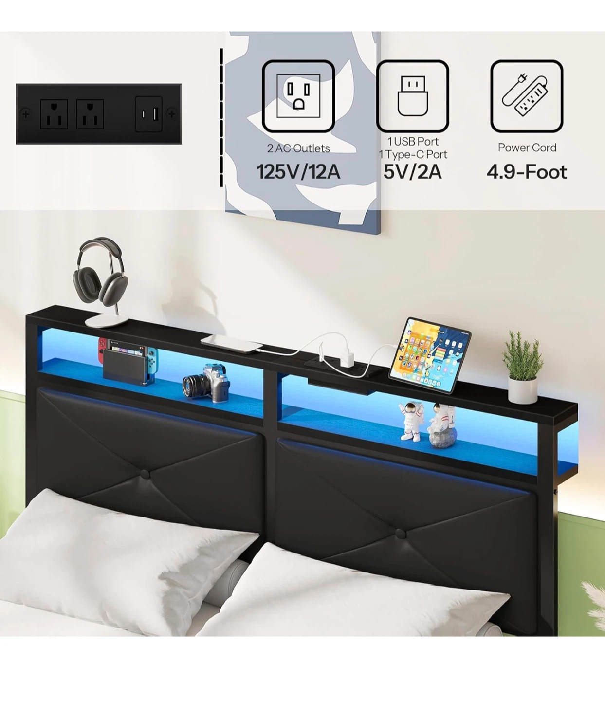 Queen Size Bed Frame with Built-in Lights and Charging - photo 4