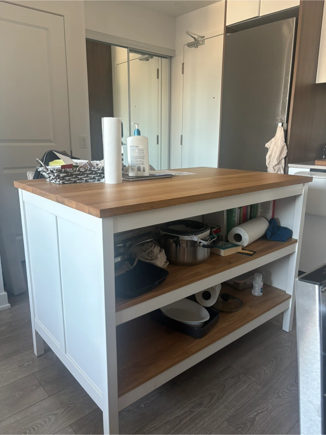 White Kitchen Island with Wooden Top