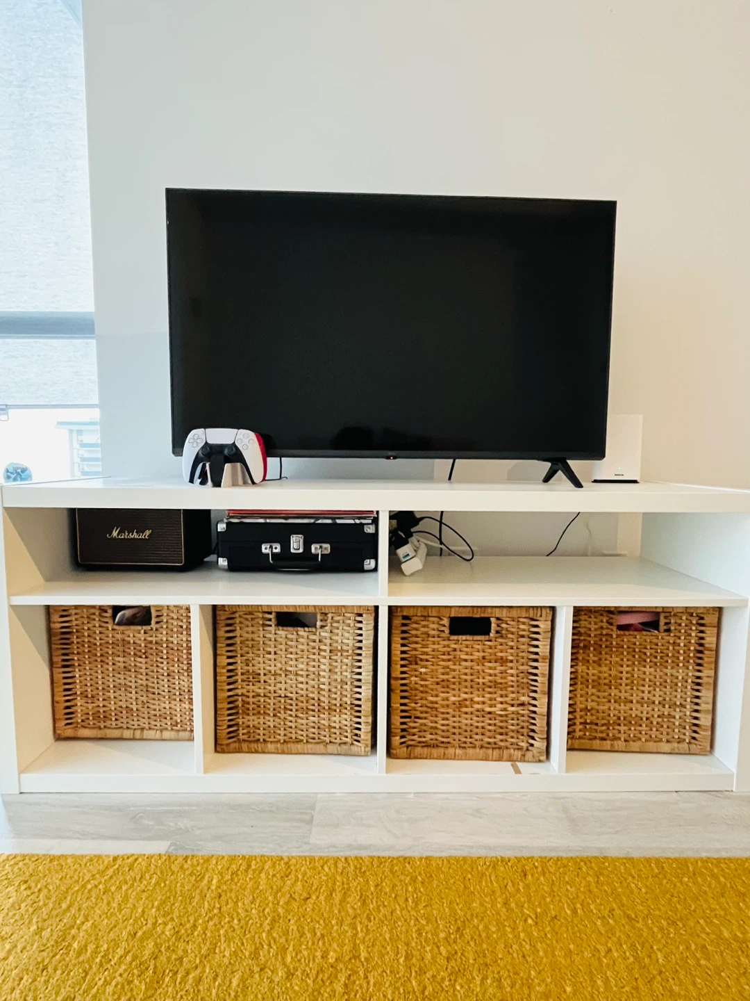 IKEA TV Bench with 4 rattan baskets