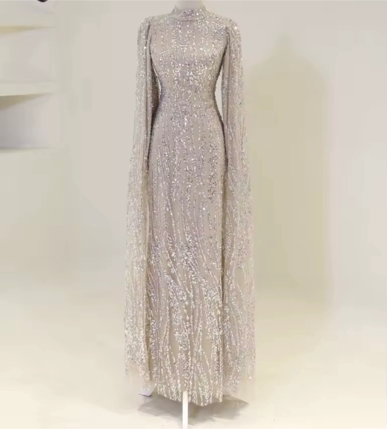 Sparkly Sequined Mock Neck Gown with Cape Sleeves