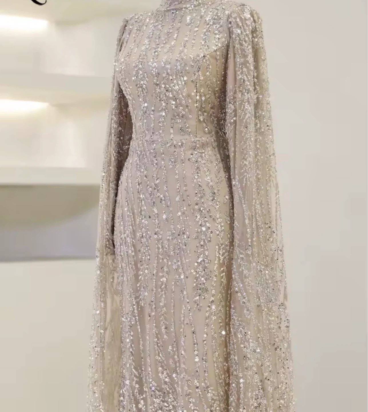 Sparkly Sequined Mock Neck Gown with Cape Sleeves - photo 3