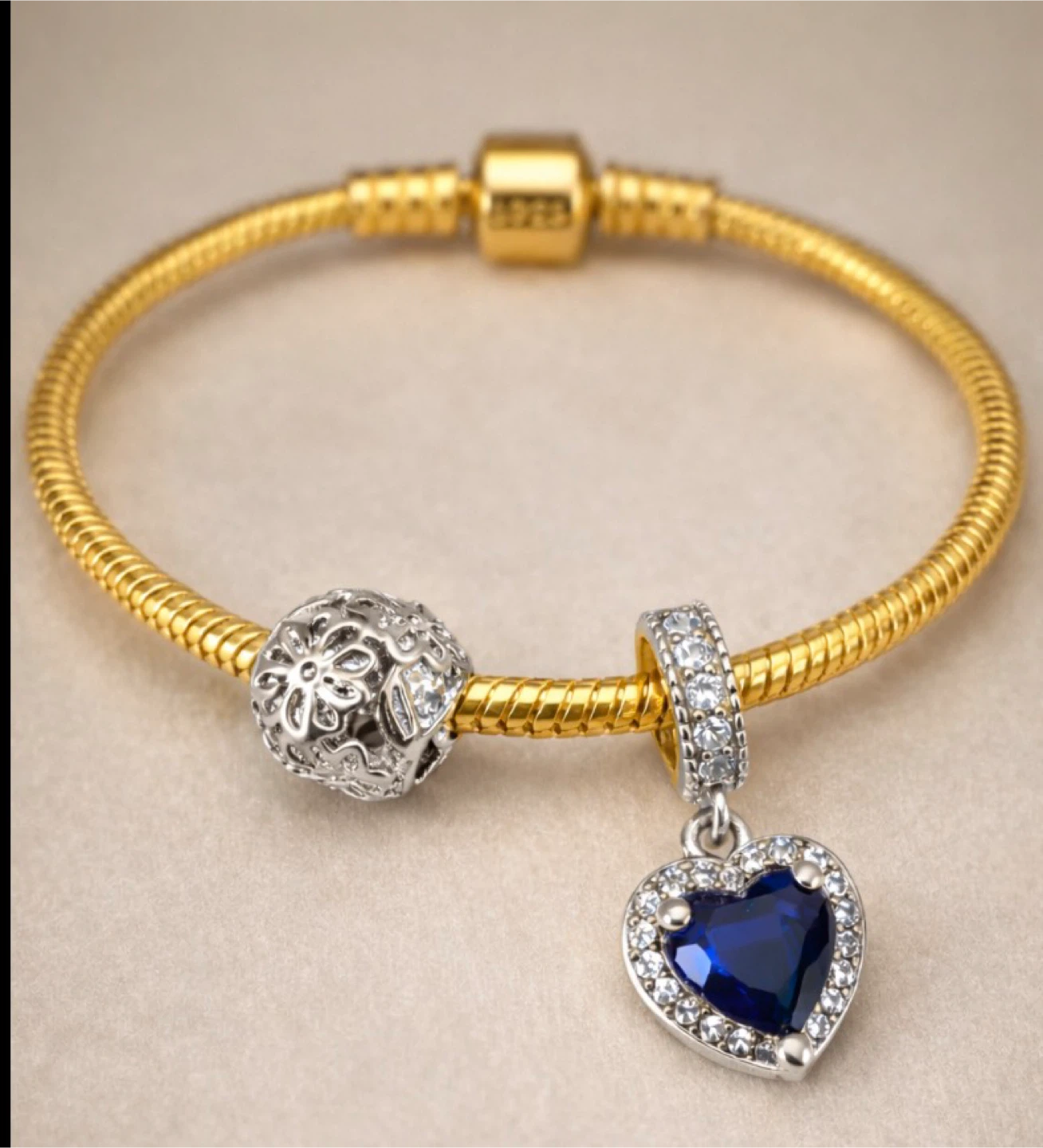 Gold Pandora Style Charm Bracelet with Blue Heart Charm