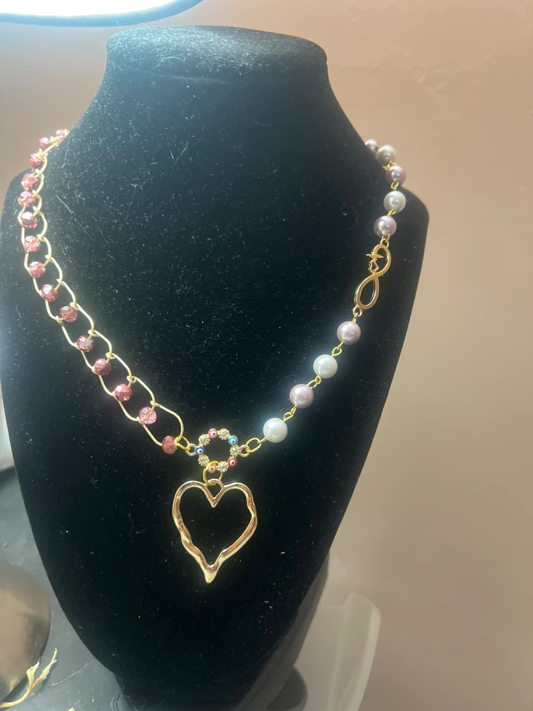 Heart Charm Necklace with freshwater Pearls and Crystals