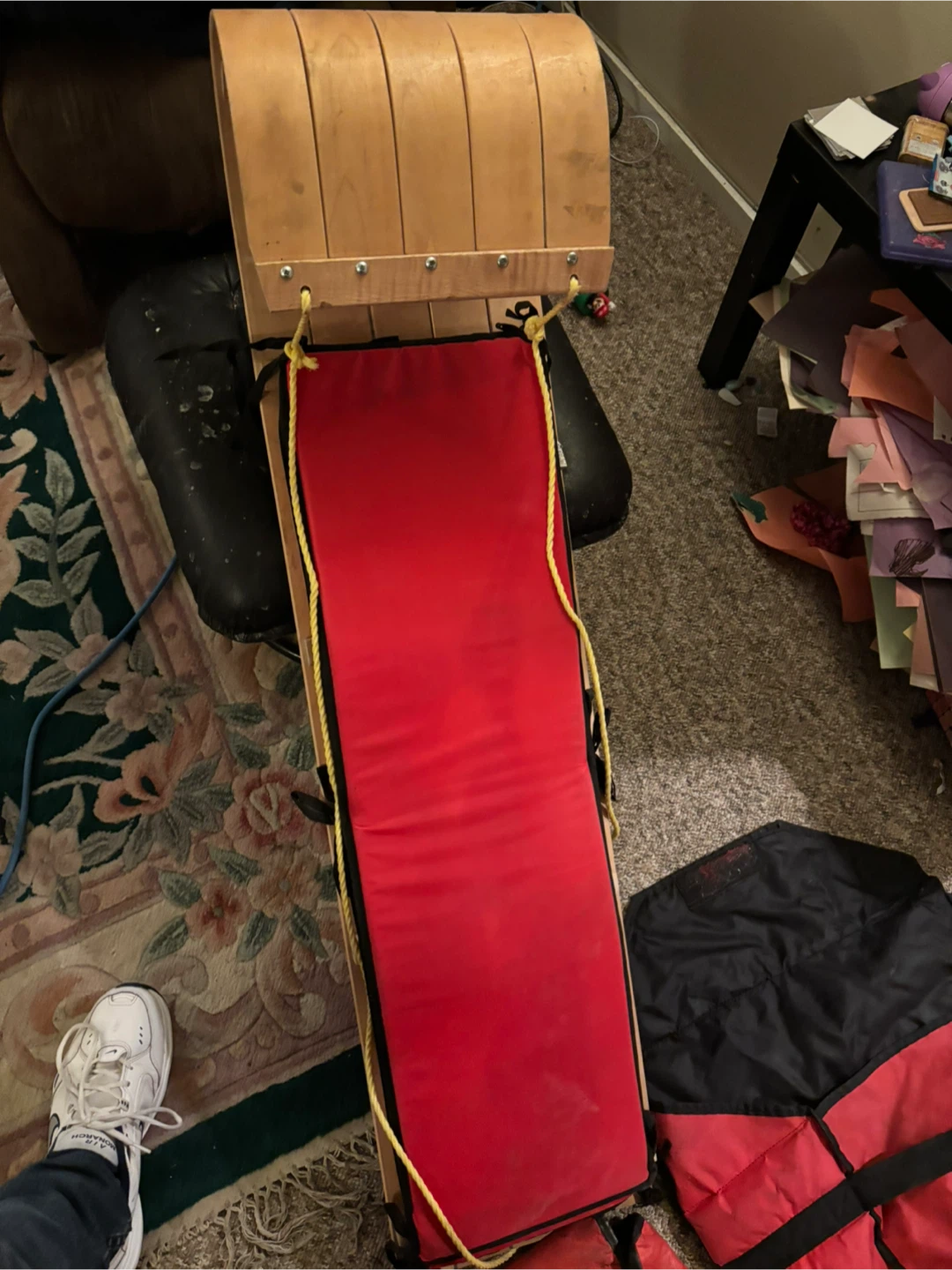 Vintage Wooden Sled with Red Padded Seat