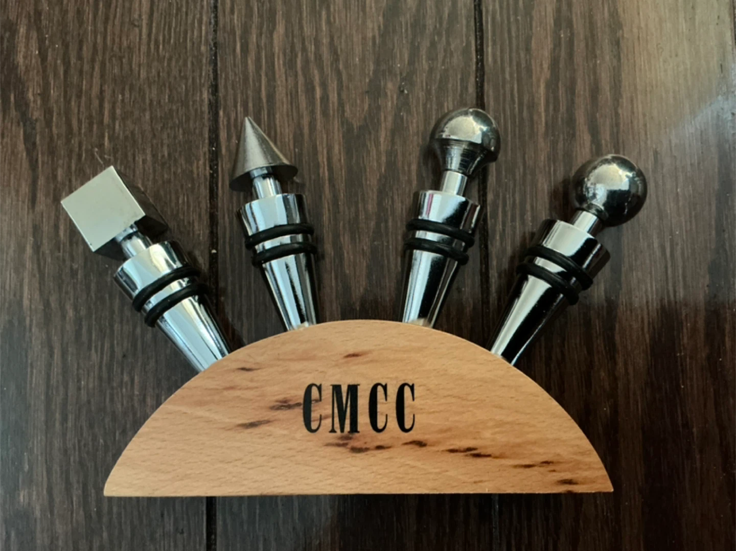 Set of 4 Decorative Wine Bottle Stoppers with Wooden Stand