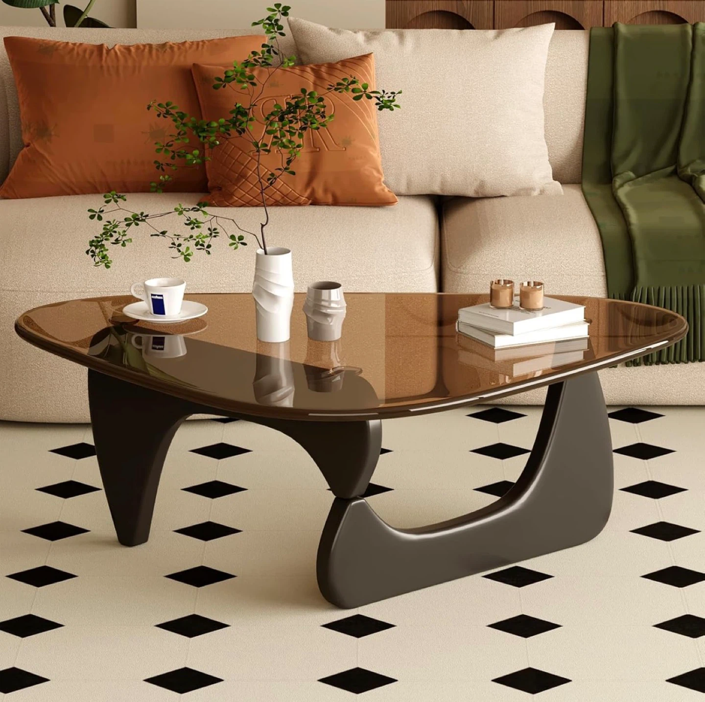 JCAJCA Triangle Coffee Table w Amber and dark Wood Base