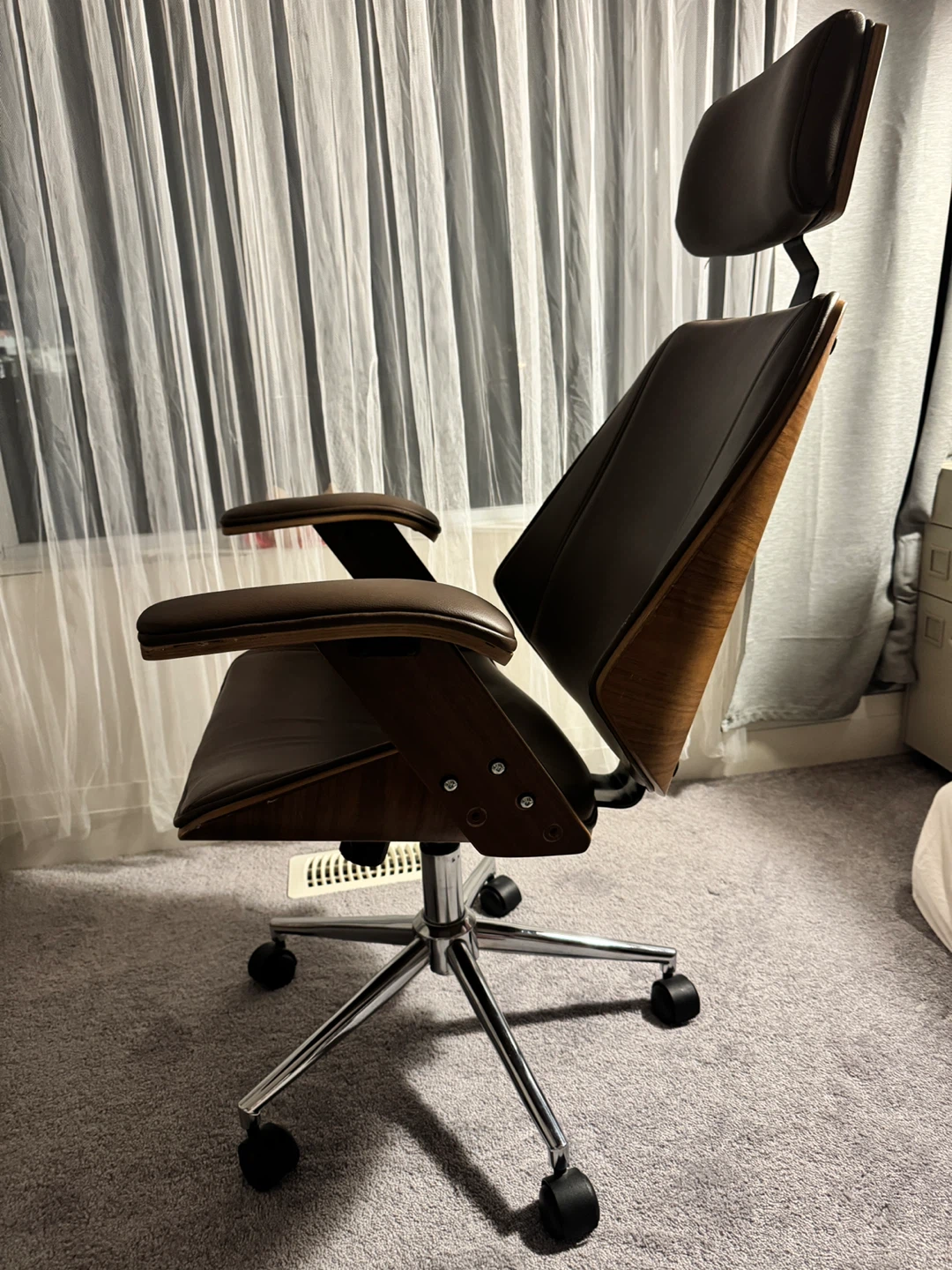 Brown Leather and Wood Office Chair - photo 2